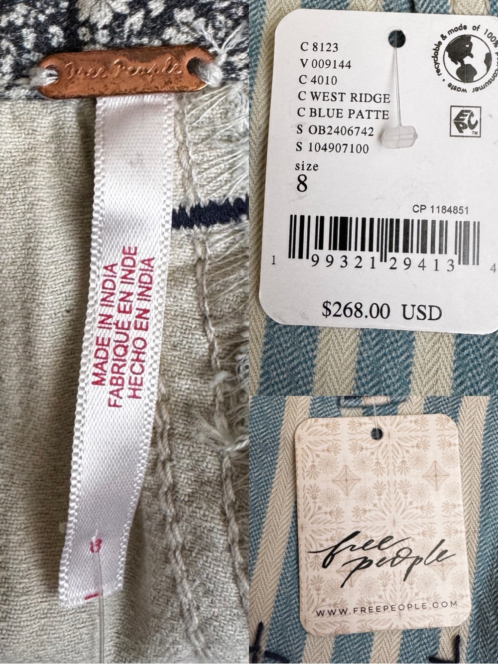 Free People Blue & White Striped Wide Leg Patchwork Jeans - Picture 14 of 16